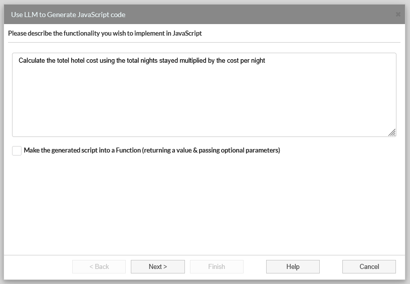 lLLM generate javascript build tool prompt window